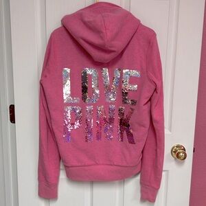 Like New PINK Victoria’s Secret Med. Pink Hoodie Faux Fur lined Sequin Full Zip